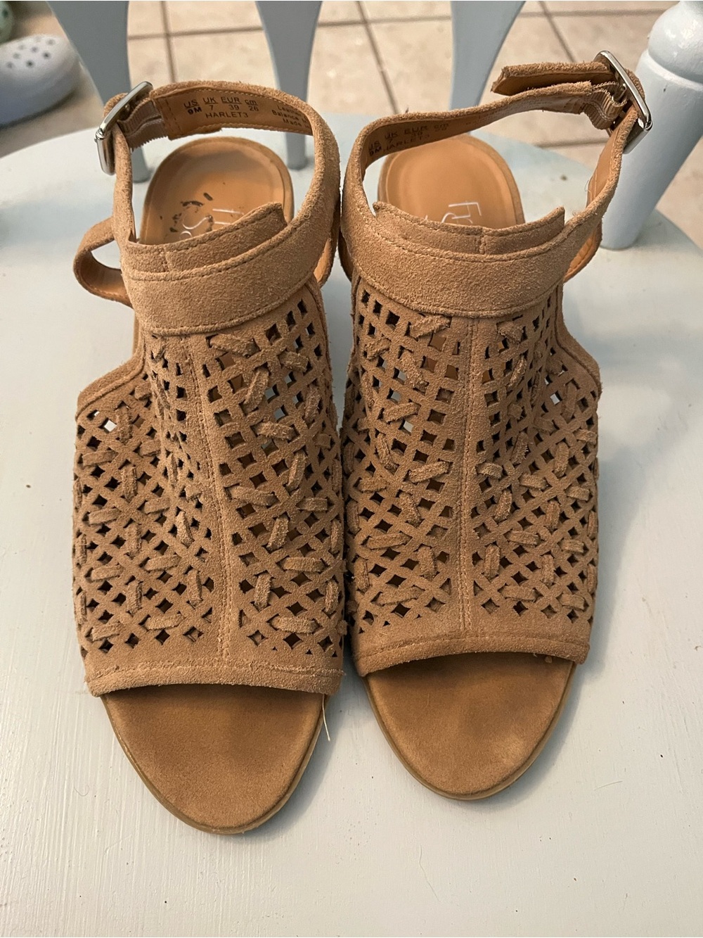 Franco Sarto Tan Suede Laser-Cut Peep-Toe Sandals